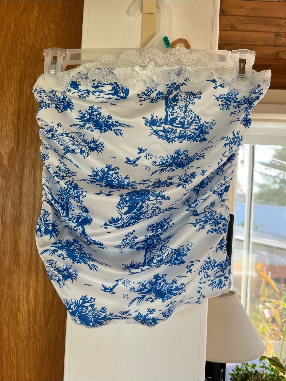 SHEIN White Strapless Ruched Top with Blue Toile Print